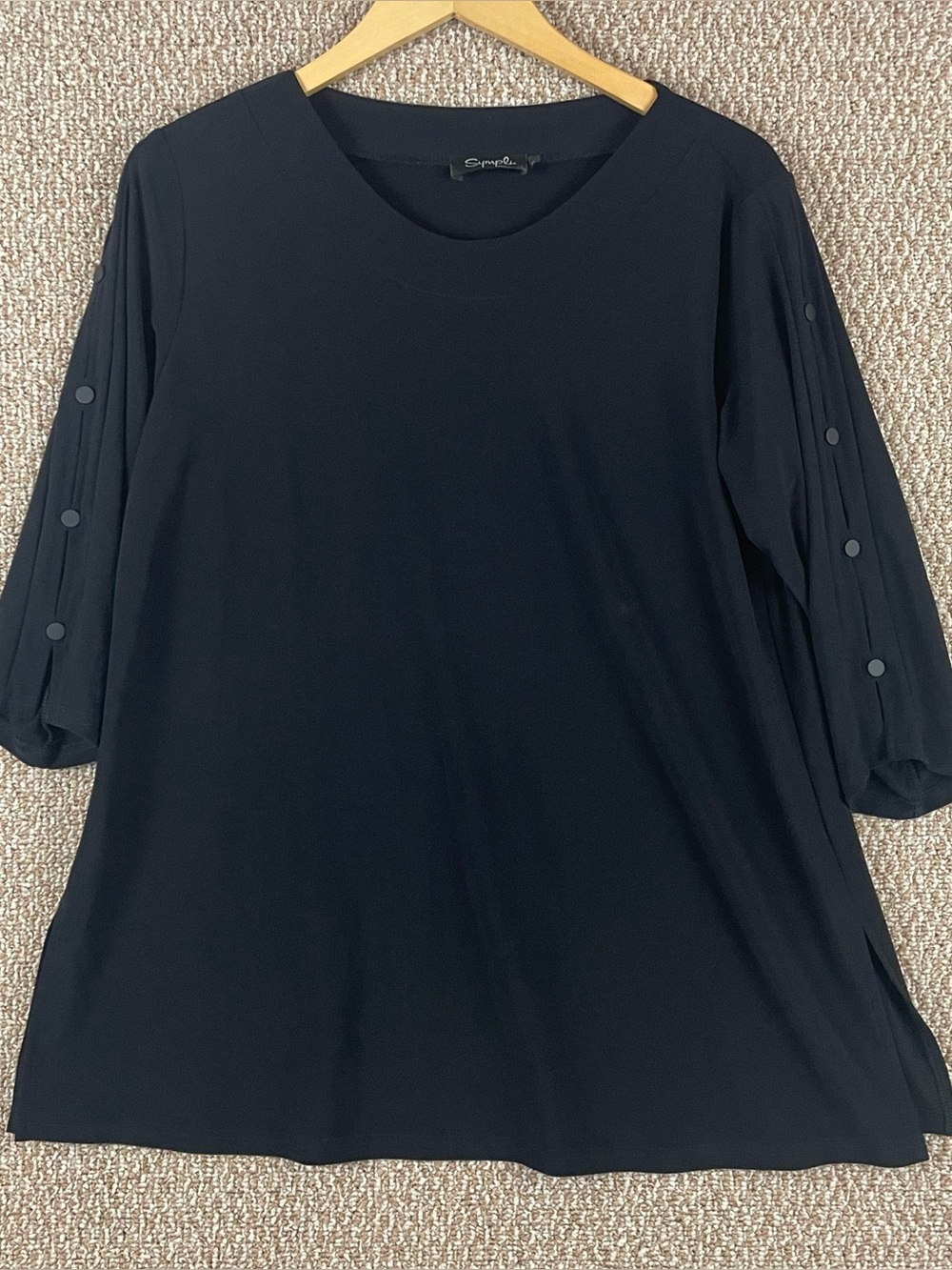 Sympli Tunic Womens 12 Black Jersey Knit Slinky Scoop Neck Relaxed Comfort F497